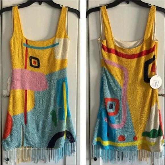 Staud Le Sable Square-Neck Beaded Mini Dress in Daffodil Dream Size XS - Picture 4 of 12